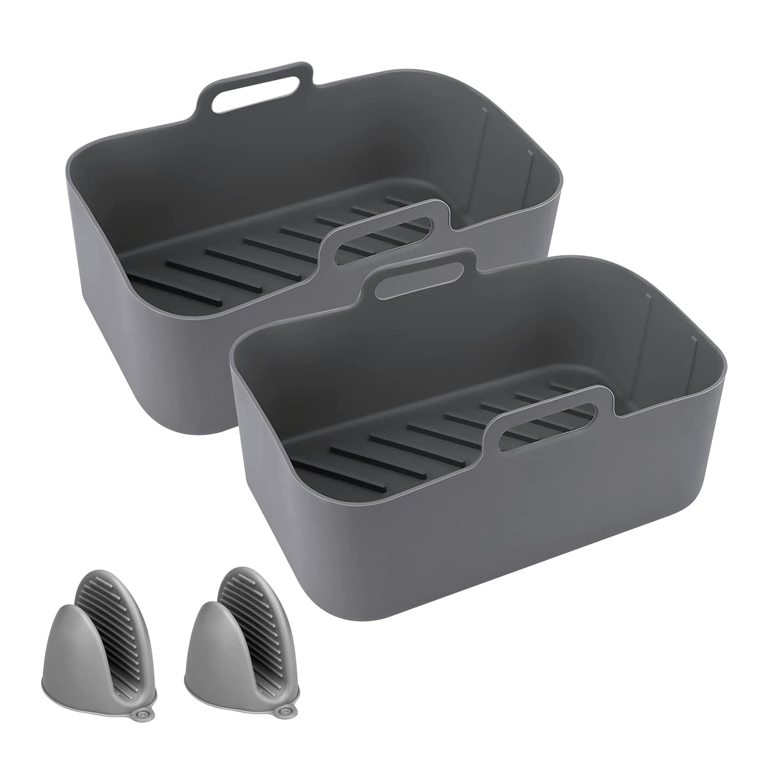 Reusable Air Fryer Silicone Pot Rectangle Replacement of Parchment Liners 2 Basket Pans with 1 Pair of Mittens for 6-8 Quart Oven Air Fryer 