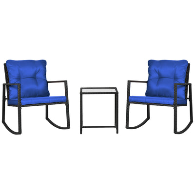 Outsunny Rocking Bistro Set 3PC Outdoor Wicker Patio Furniture with Glass Coffee Table Rocking Chairs for Porch 