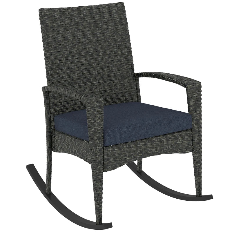 Outdoor Rocking Chair, Patio Wicker Chair Removable Cushion, High Back and Armrests for Porch Balcony, Navy Blue
