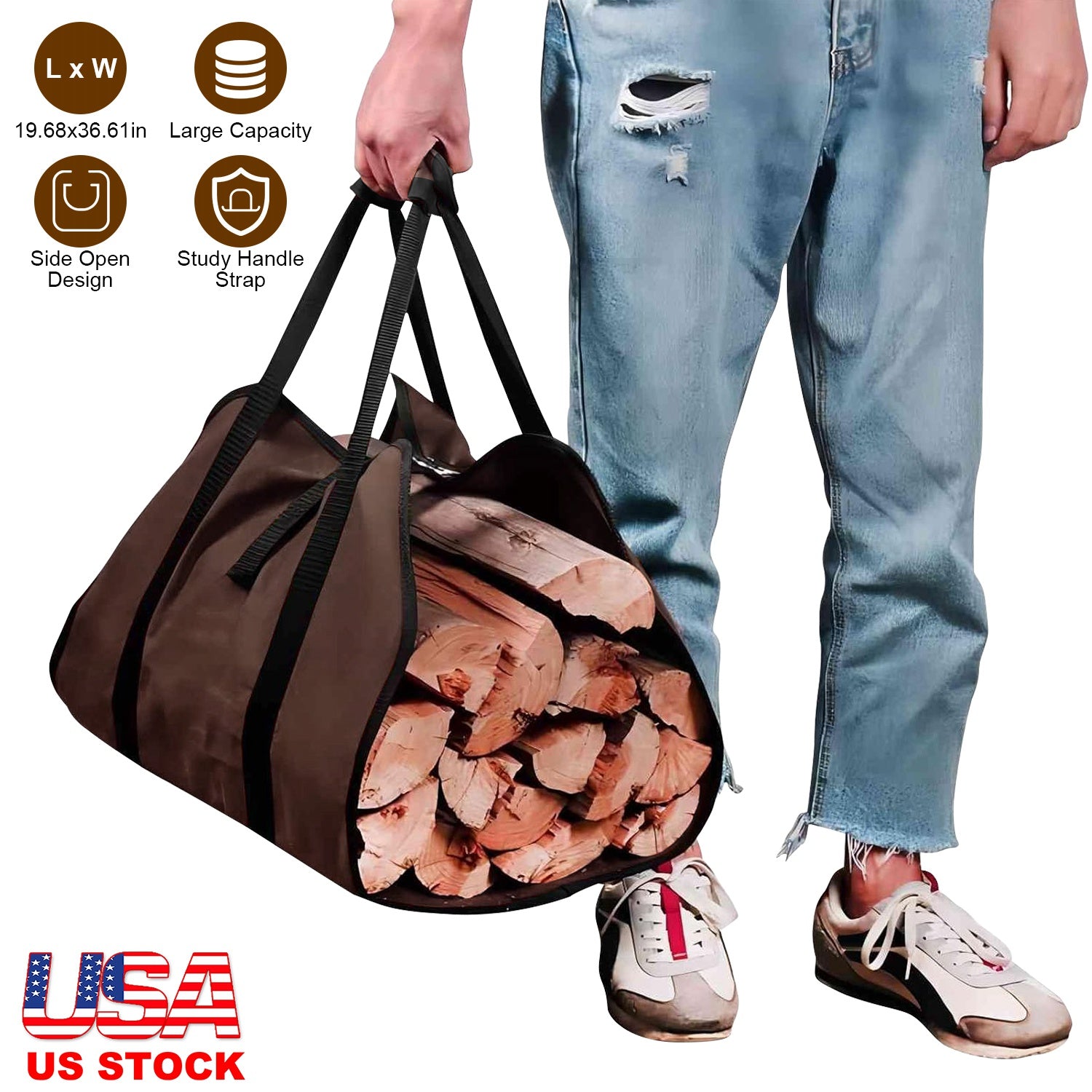 Firewood Carrier Bag with Handle Durable Wear-Resistant Fireplace Logs Holder Side Opening Wood Storage Carrying Bag For Indoor Fireplace Outdoor Camp