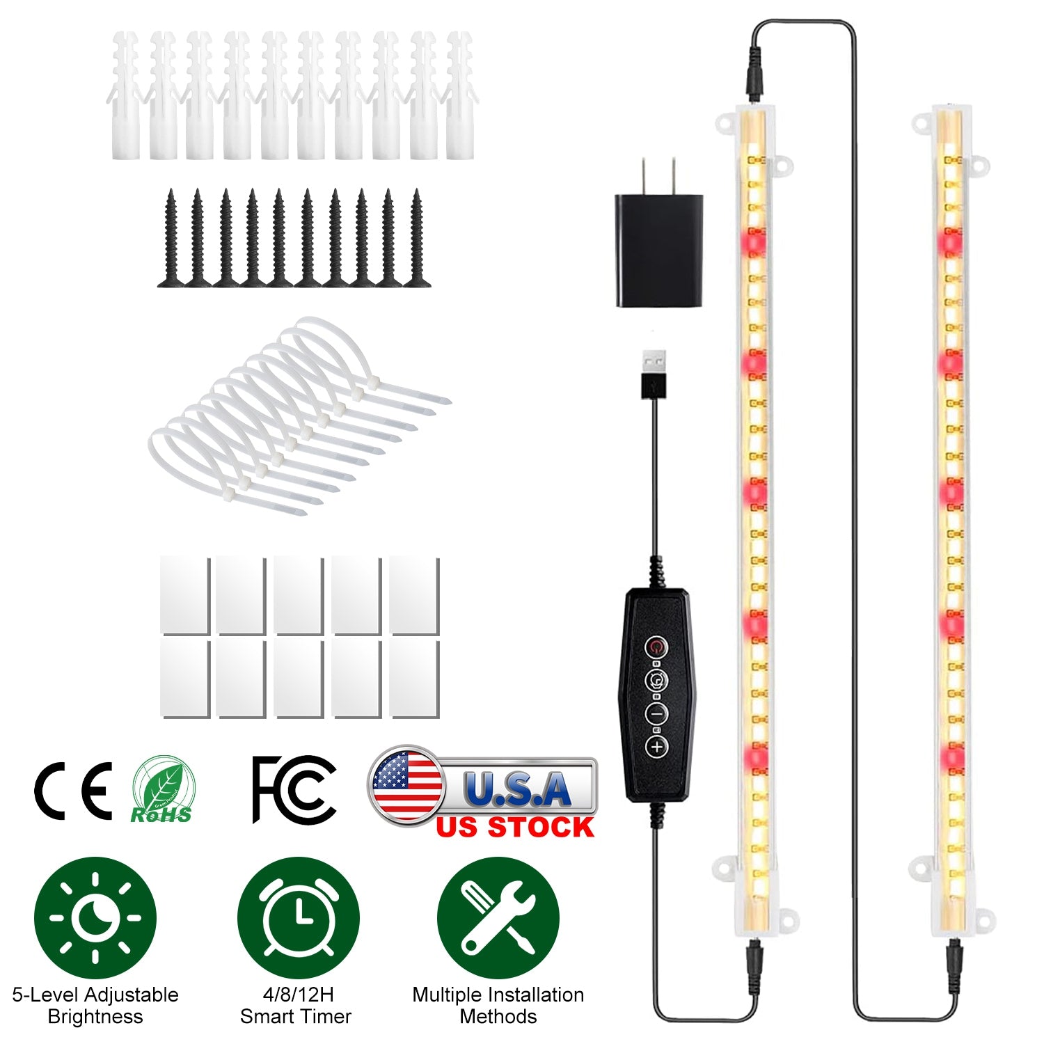 LED Plant Grow Light Strips Full Spectrum Plant Growing Lamp Bar with 2 Strips 60LEDs 4/8/12H Timer 5-Brightness Levels 