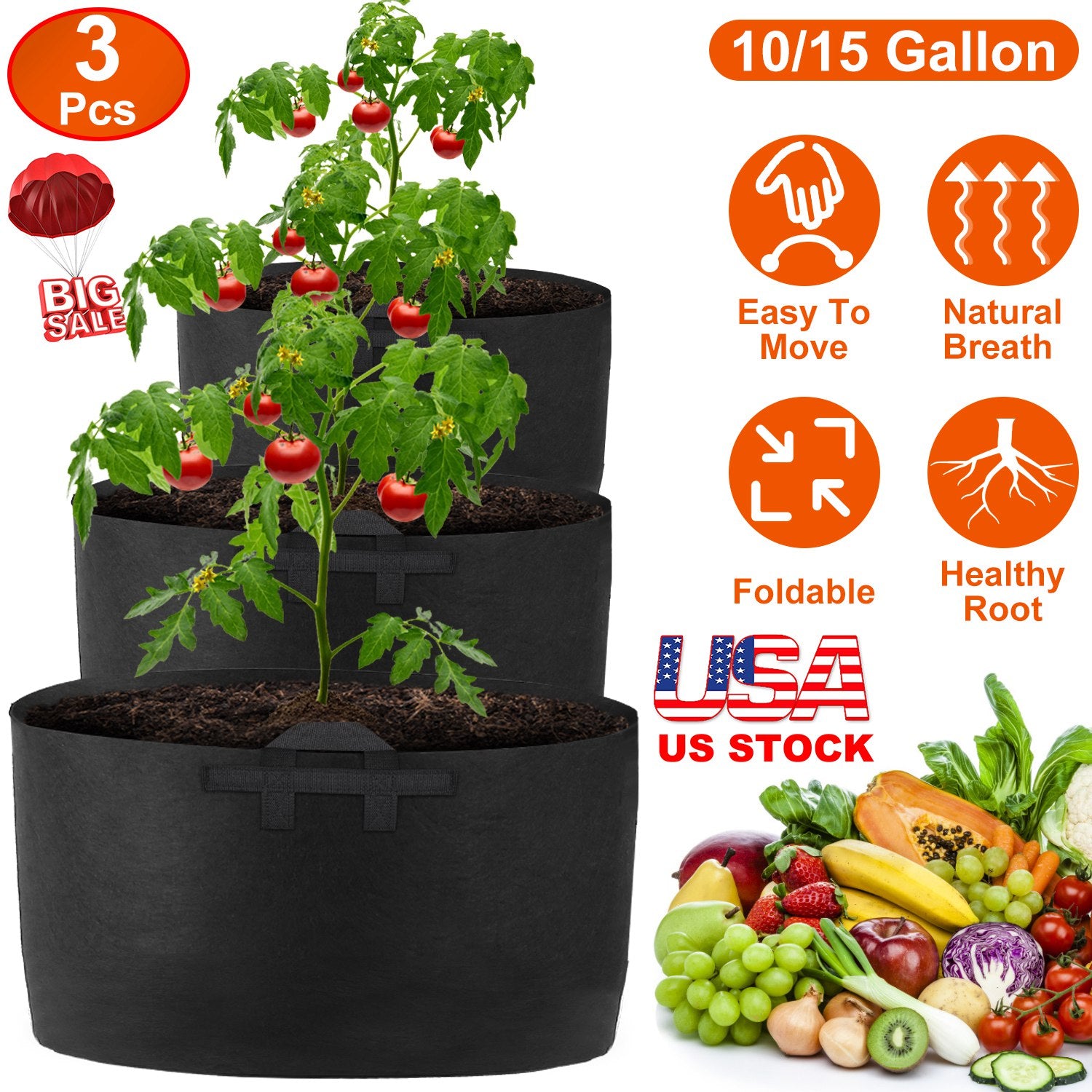 3 Pack Plant Grow Bags Potato Vegetable Planter Bags Breathable Planting Fabric Pots 15Gallons 