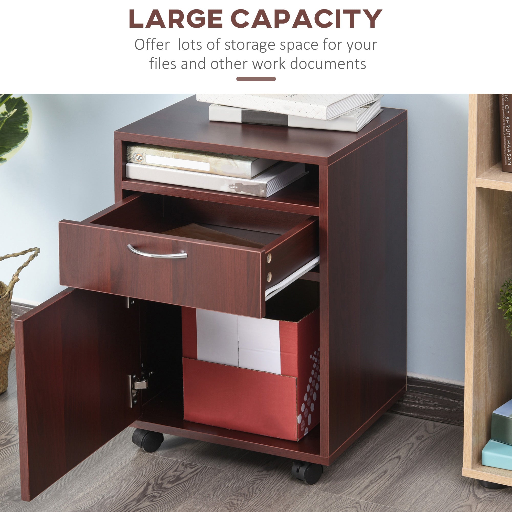 HOMCOM Small Filing Cabinet 24" Open Compartment Drawer Wheels Home Office Storage Espresso Wood Furniture 