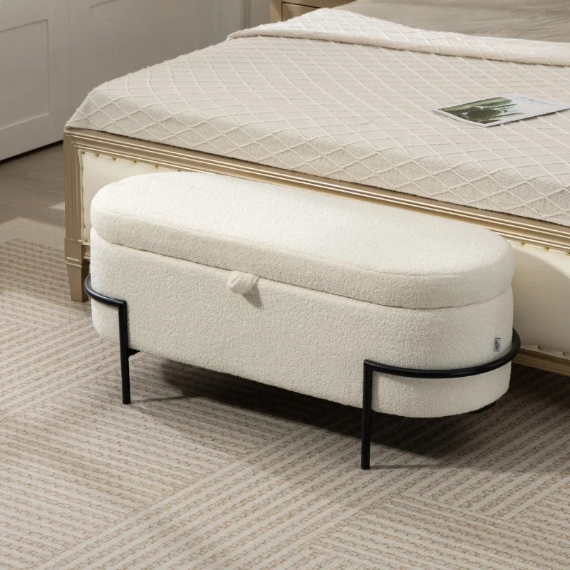 Storage Ottoman with Lift-Up Lid and Steel Legs, 45 Inches Sherpa Fleece Storage Chest for Living Room, Cream White