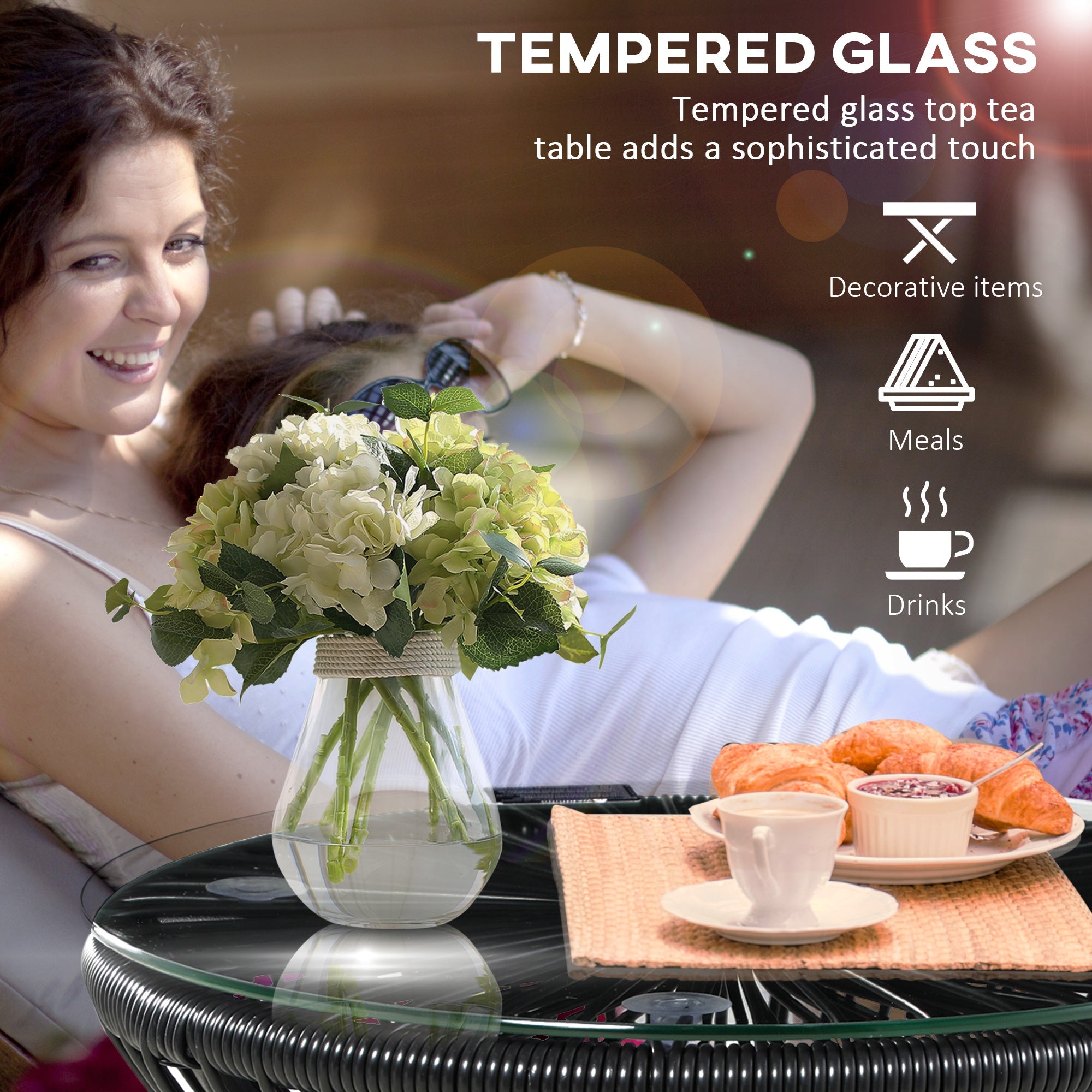 Outsunny Rattan Round End Table Modern Side Table with Glass Top, Hollow Drum Design for Patio, Garden, Balcony in Black 