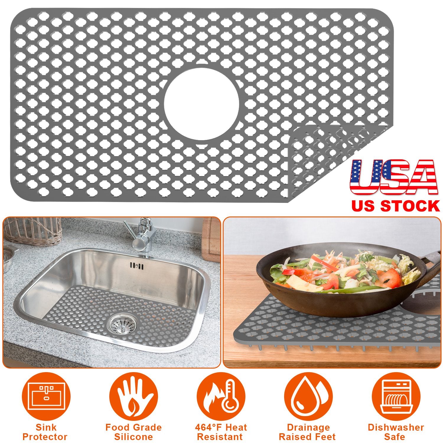 Silicone Grid Sink Mat with Central Drain Hole 12.87x24.68Inch Non-Slip Kitchen Stainless Steel Sink Protector Dishwasher Safe