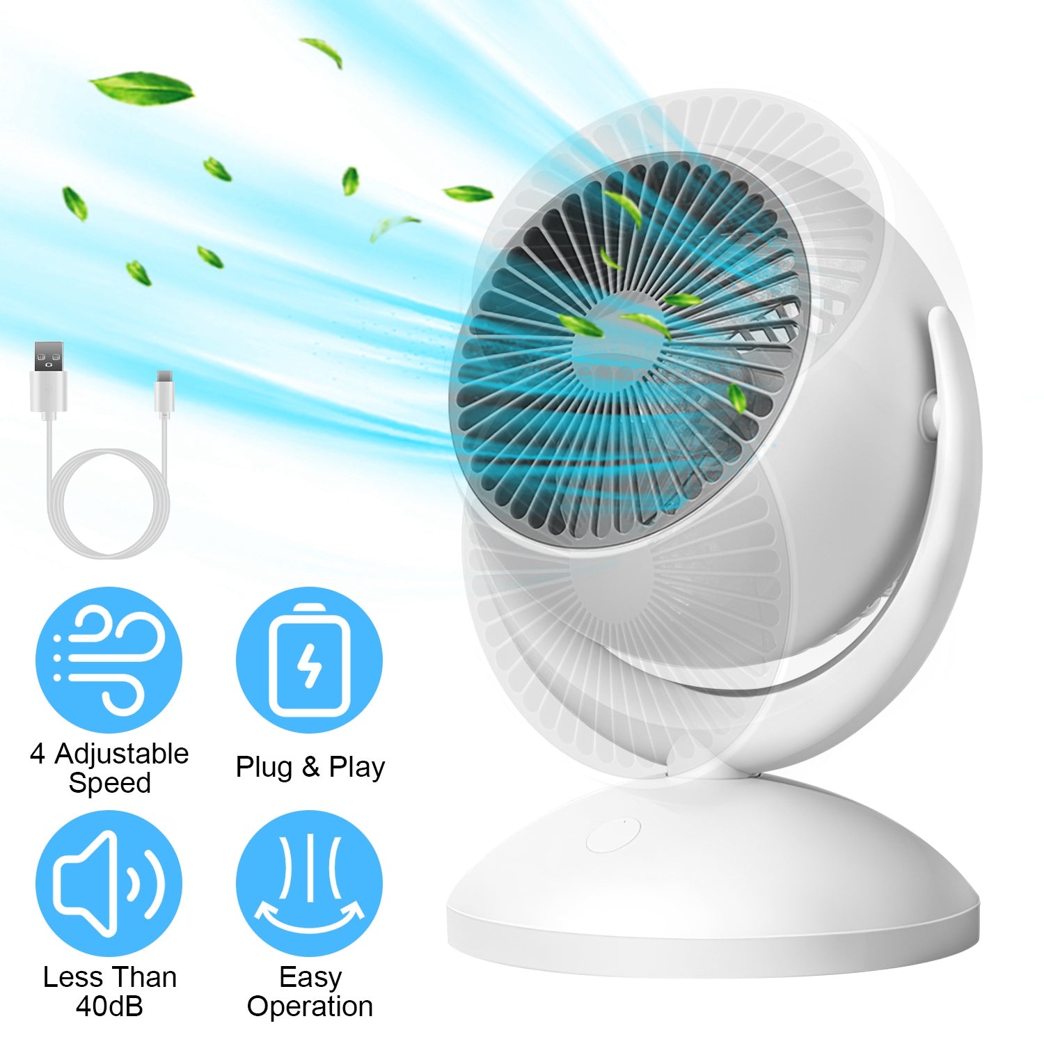 Air Circulator Desk Fan Portable Desktop Rechargeable Oscillating Fan with 4 Speeds 360 Degree Tilt Head Automatic Rotation Quiet 40dB Table Fan for H