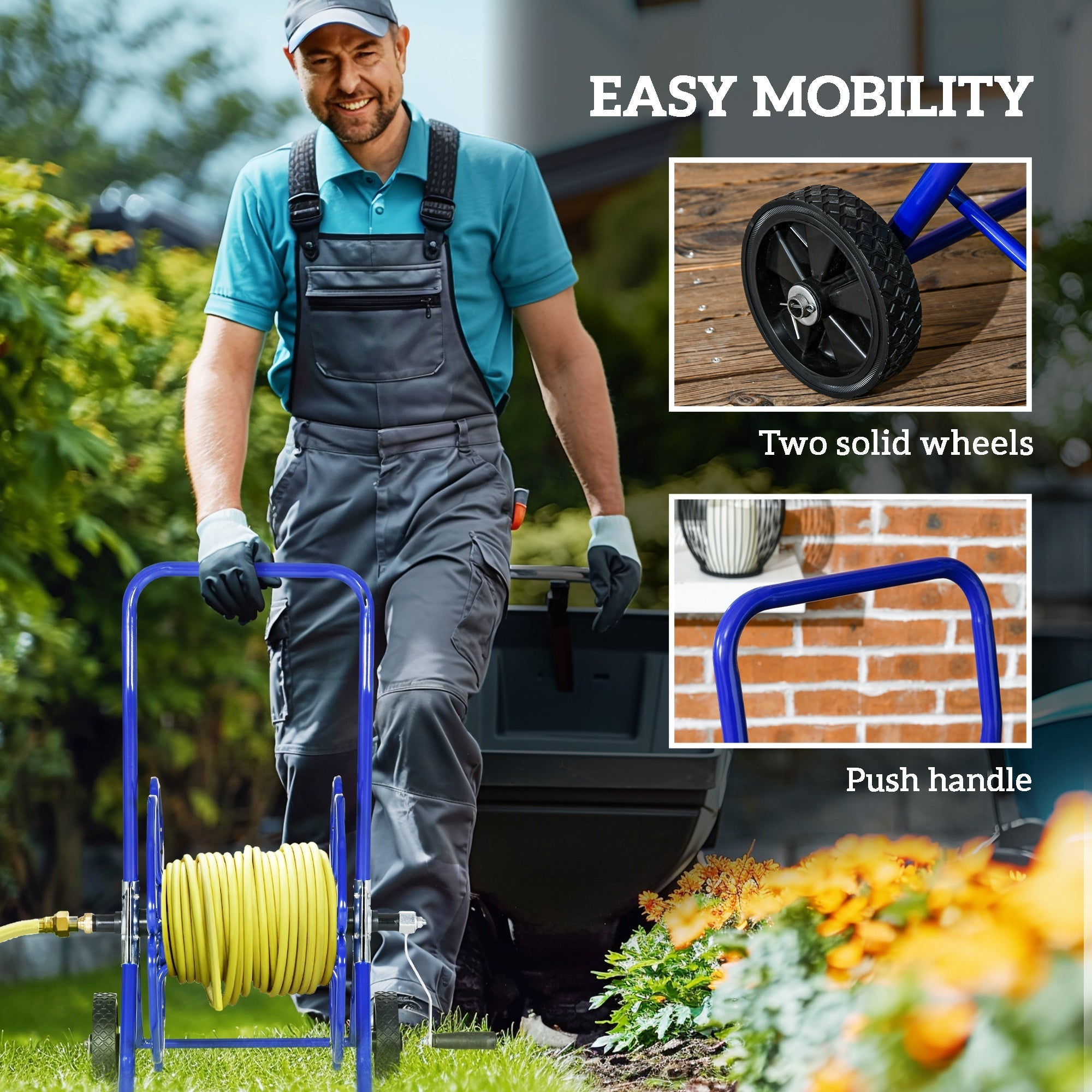 Outsunny 98 ft of 5/8" Hose Reel Cart (Hose Not Included), Garden Water Hose Carts with Wheels for Yard, Lawn, Blue 