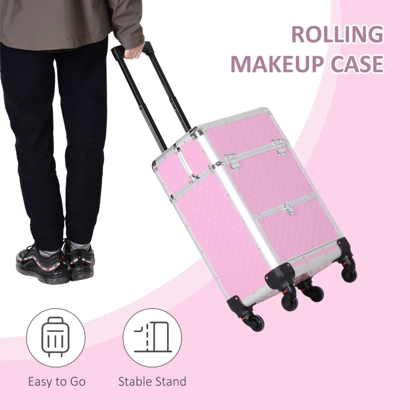 Portable Aluminum Makeup Train Cases, Rolling Makeup Case, Salon Beauty Cosmetic Jewelry Organizer Trolley with 4 Wheels, Pink