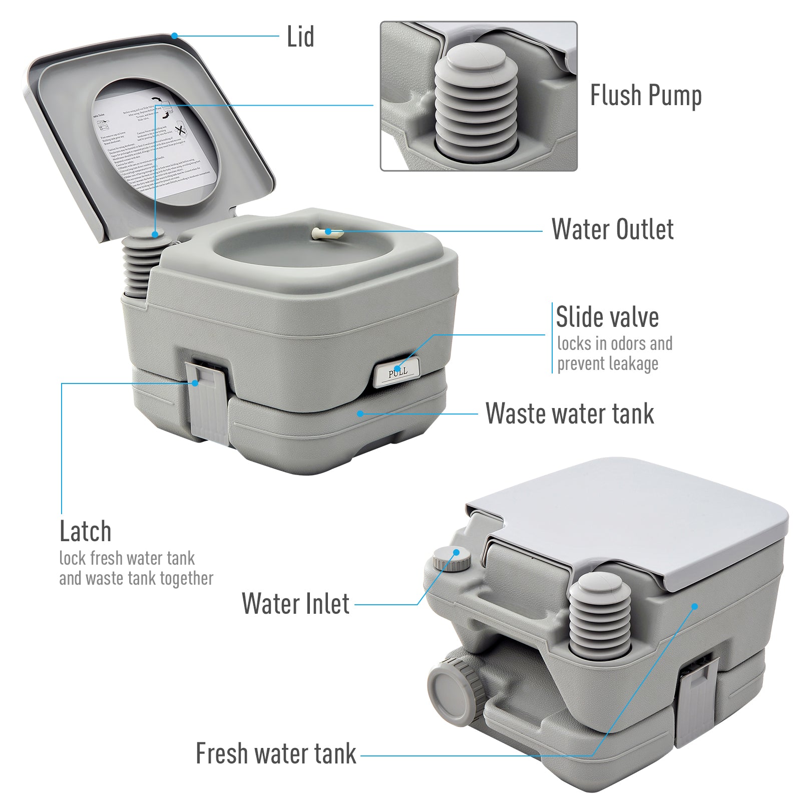 Outsunny Portable Camping Toilet with Flush, 2.6 Gallon (10L) Flushable Tank, Ideal for Outdoor, Boating, Road Trips 