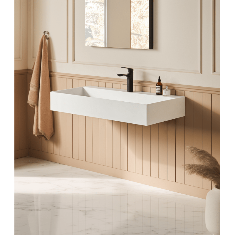 30" x 18" Solid Surface Wall Mount Rec Matte White Vel Sink with Faucet Hole 
