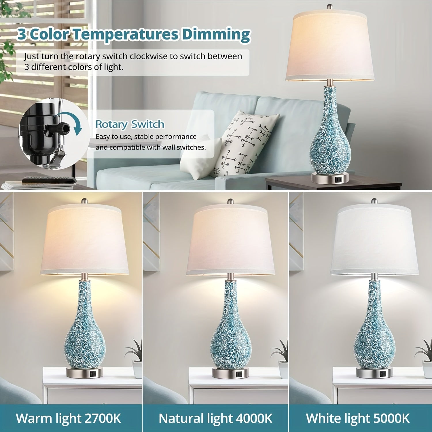 Blue Table Lamps For Bedroom Set Of 2,  With USB A+C Ports, 26" Coastal Large Nightstand Lamp - LED Bulb Included 