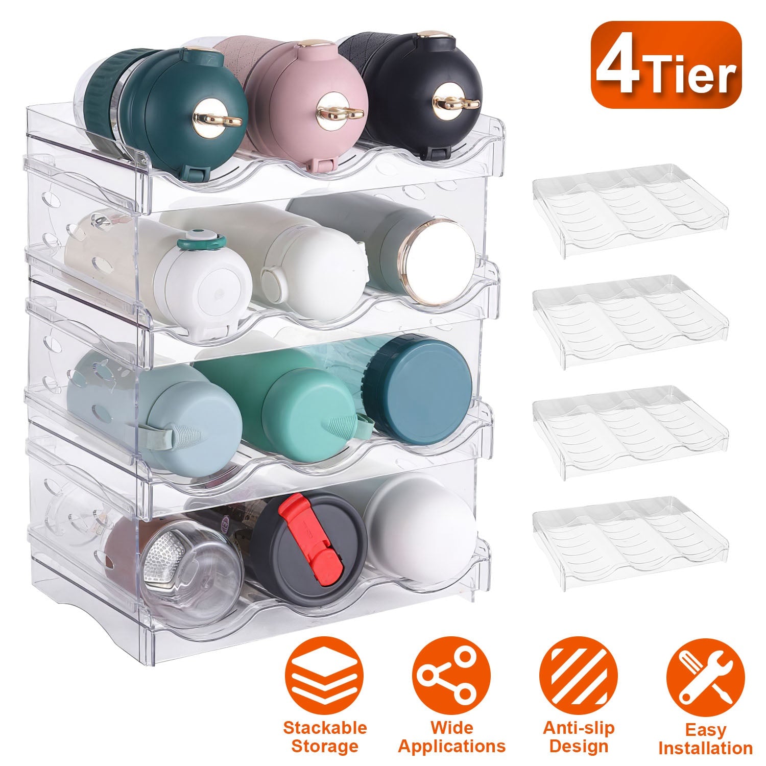 4 Tier Bottle Storage Holder 12 Bottles Transparent Stackable Bottle Organizer Standing Drink Holder Shelf for Kitchen Fridge Cabinet Pantry 