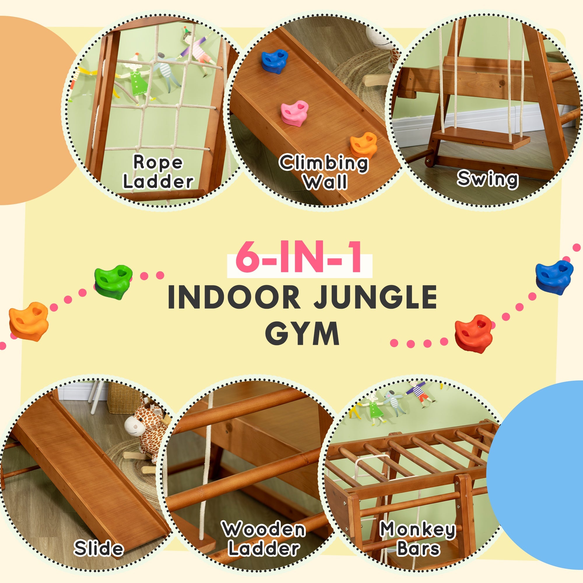 Qaba 6-in-1 Children's Jungle Gym Indoor Playground with Slide Climbing Wall Swing Monkey Bars for Kids Play Area 