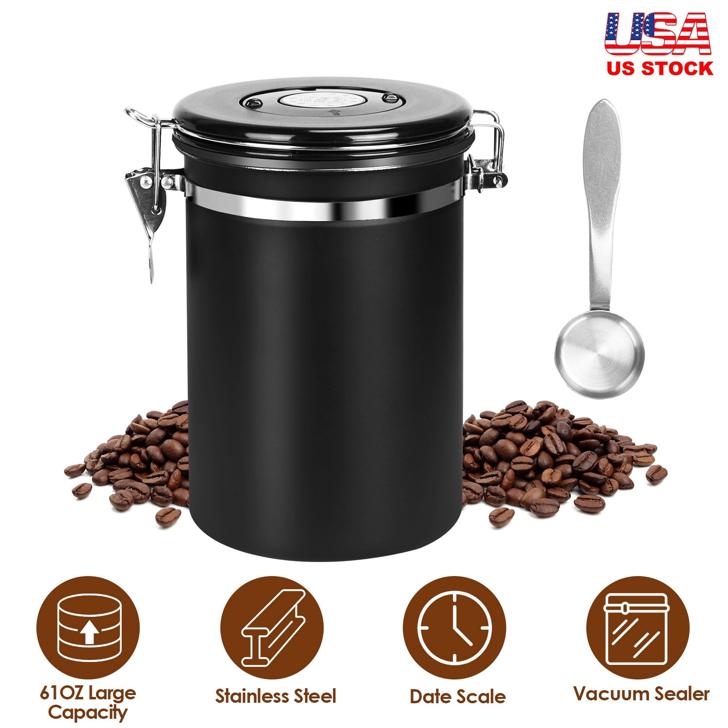 61OZ Stainless Steel Coffee Container With Scoop Date Month Tracker Airtight Coffee Canister For Coffee Beans Grounds Tea Sugar Nut Candy Flour 