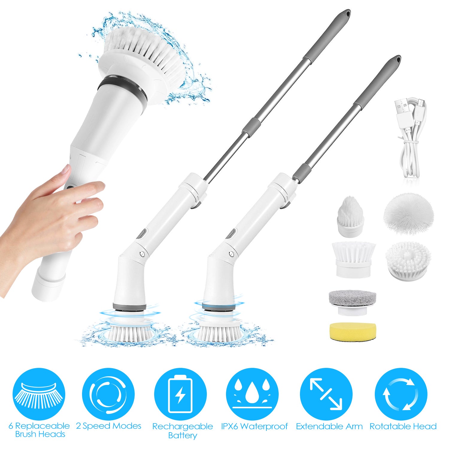 Electric Spin Scrubber Cordless Rechargeable Telescopic Cleaning Brush 6 Replaceable Heads 2 Speed Adjustable Extension Arm Bathroom Tub Tile Floor