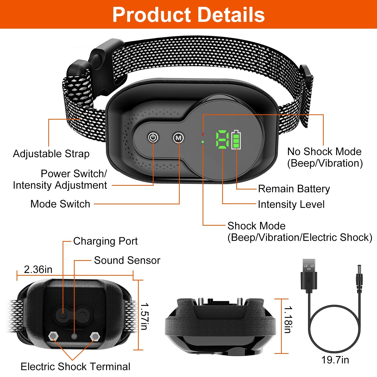 Dog Bark Collar Anti Barking Electric Training Collar Rechargeable Smart Anti-Bark Collar with Beep Vibration Shock Function 5 Intensity Levels