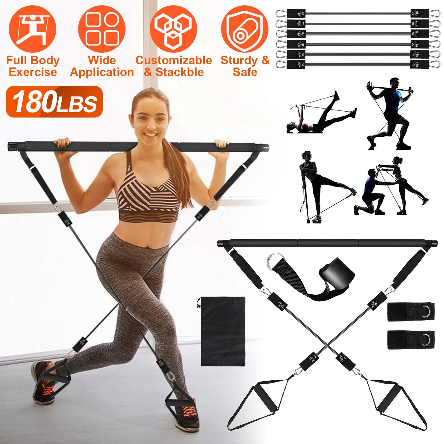 Pilates Bar Kit with 180LBS Resistance Bands Multifunctional Pilates Yoga Toning Bar Full Body Exercise Equipment Set for Beginners Intermediates Prof 