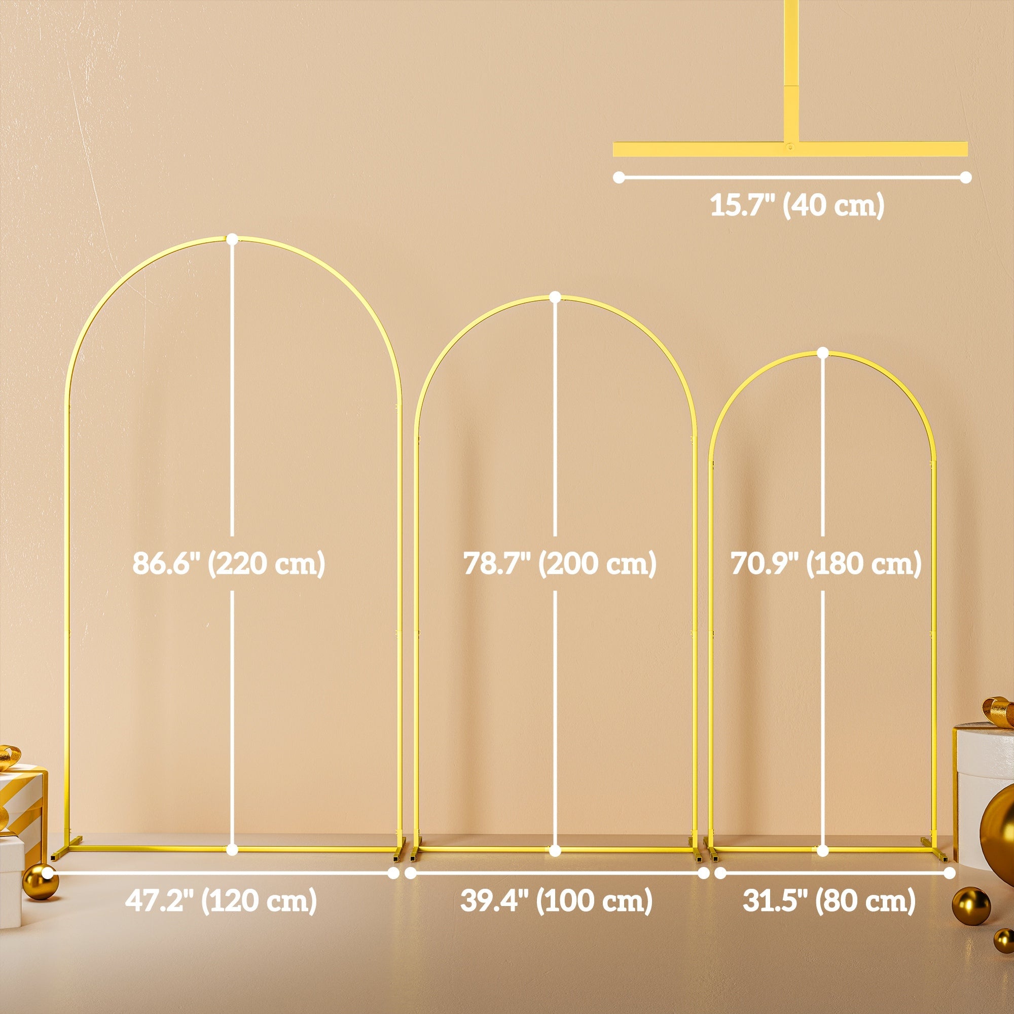 Outsunny Wedding Arch, 7/6.5/6 ft Metal Arch Backdrop Stand Set of 3, Balloon Balloon Arch Stand for Birthday Party, Bridal Shower, Graduation, Ceremony, Banquet Decorations, Gold 
