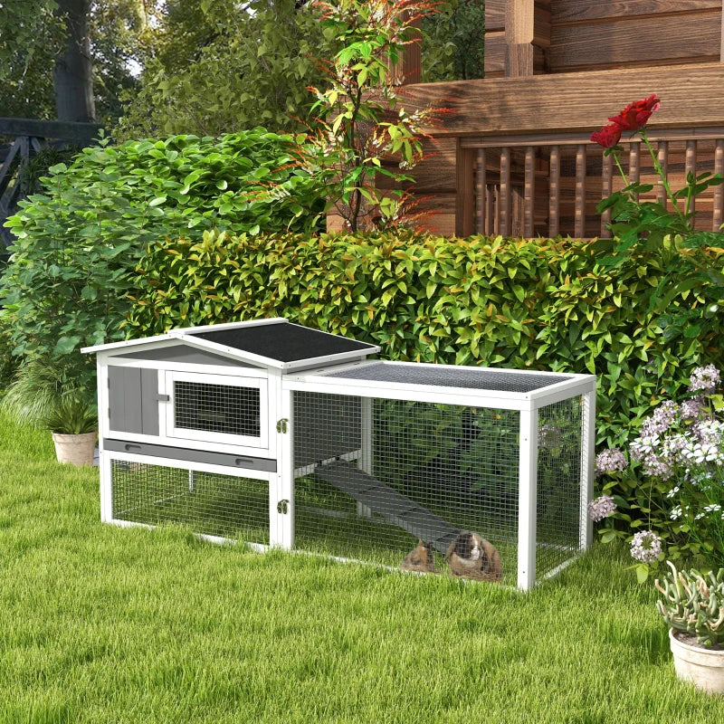 Wooden Rabbit Hutch Guinea Pig House with Removable Tray, Openable Roof, Trough, Run for Tortoises and Ferrets, Grey
