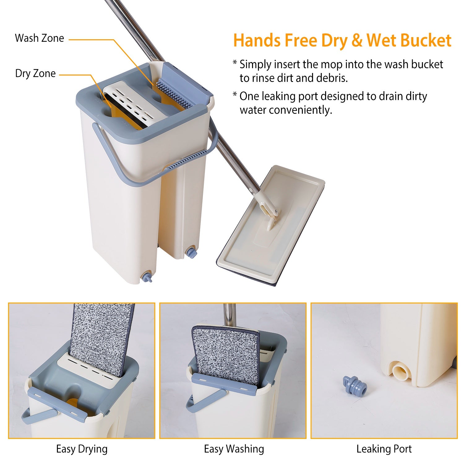 Flat Floor Mop Bucket Set Self Cleaning Wet Dry Usage with 2Pcs Reusable Microfiber Mop Pads