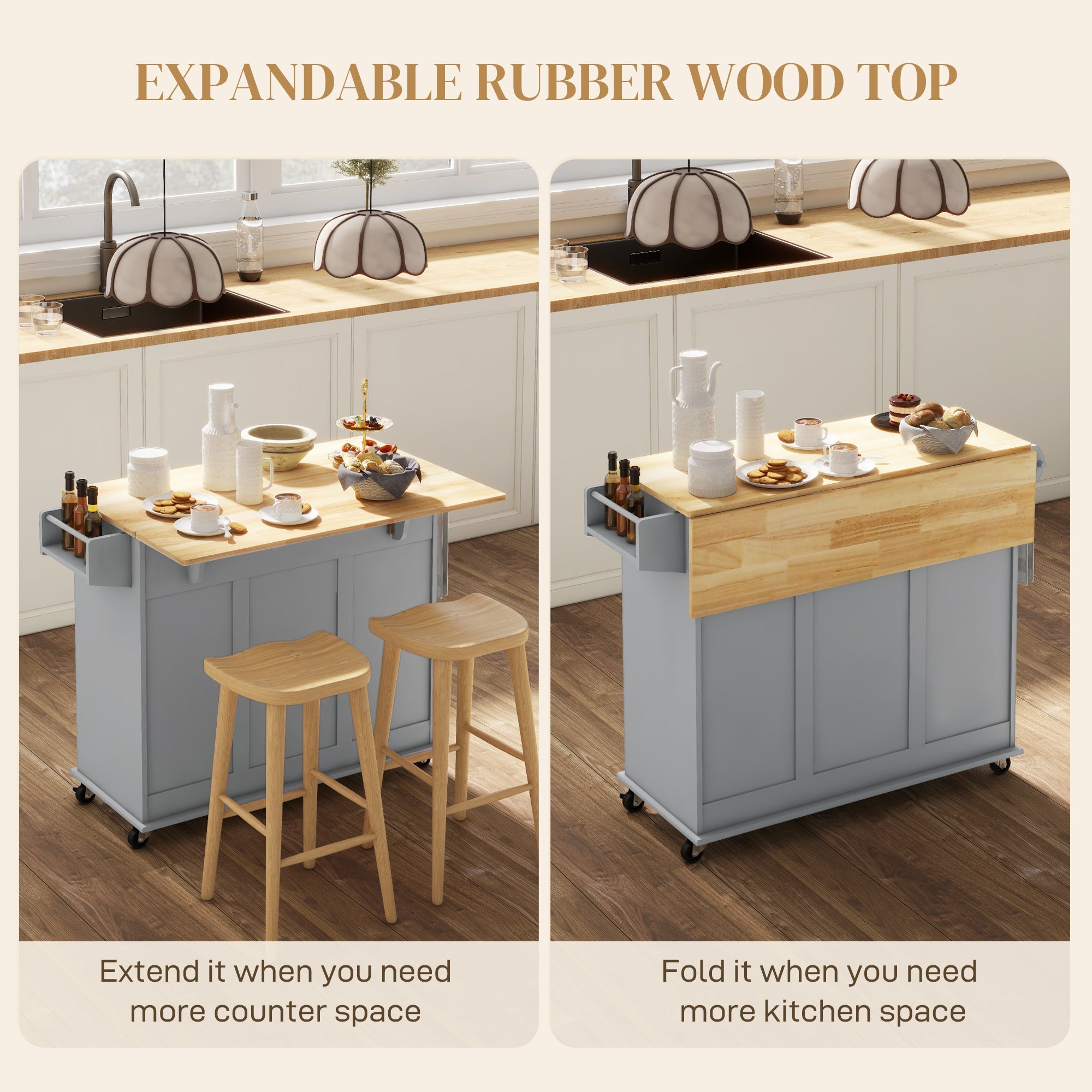 HOMCOM Kitchen Island on Wheels, Kitchen Cart with Drop Leaf, Drawers, Grey 