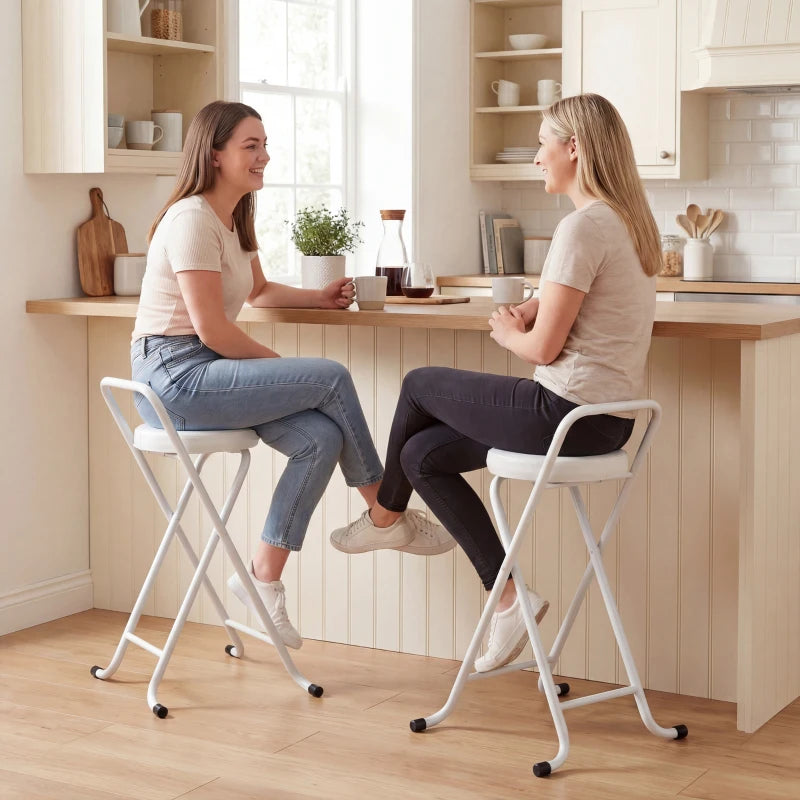 Foldable Bar Stools Set of 2, Folding Kitchen Chairs with PU Cushioned Seat, Footrest, White