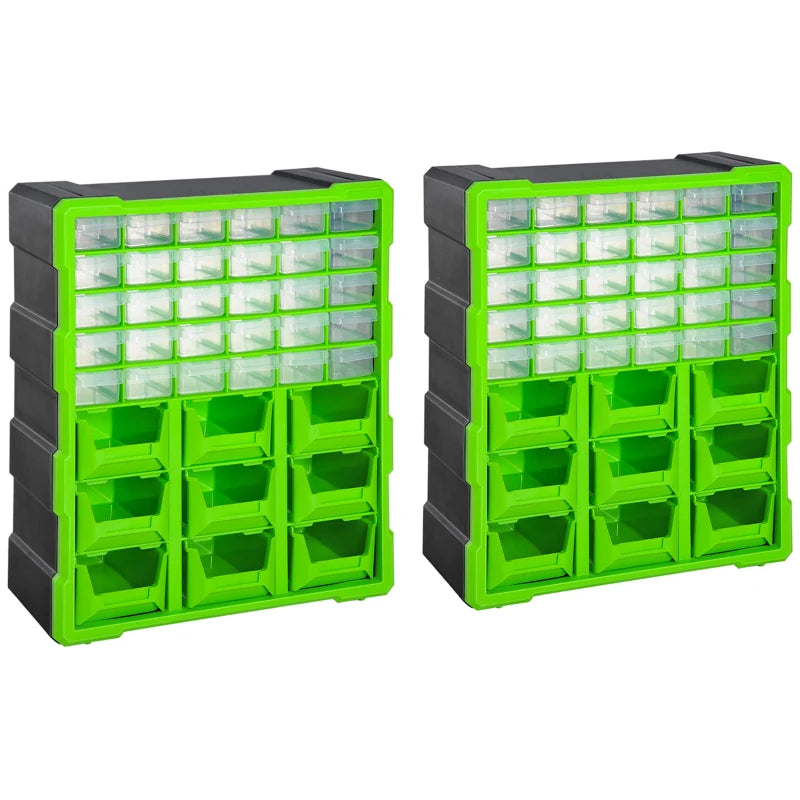 Plastic 39 Drawer Parts Organiser Wall Mount Storage Cabinet for Small Nuts Bolts Tool Set of 2 Green
