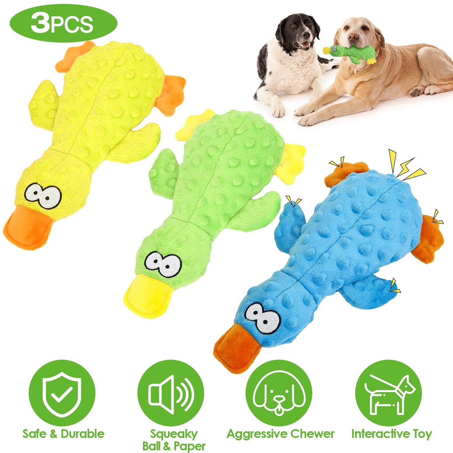 3Pcs Duck-Shaped Dog Plush Toy With Squeaky Ball Crinkle Paper Cute Interactive Puppy Toy or Aggressive Chewer For Small Medium Large Dogs