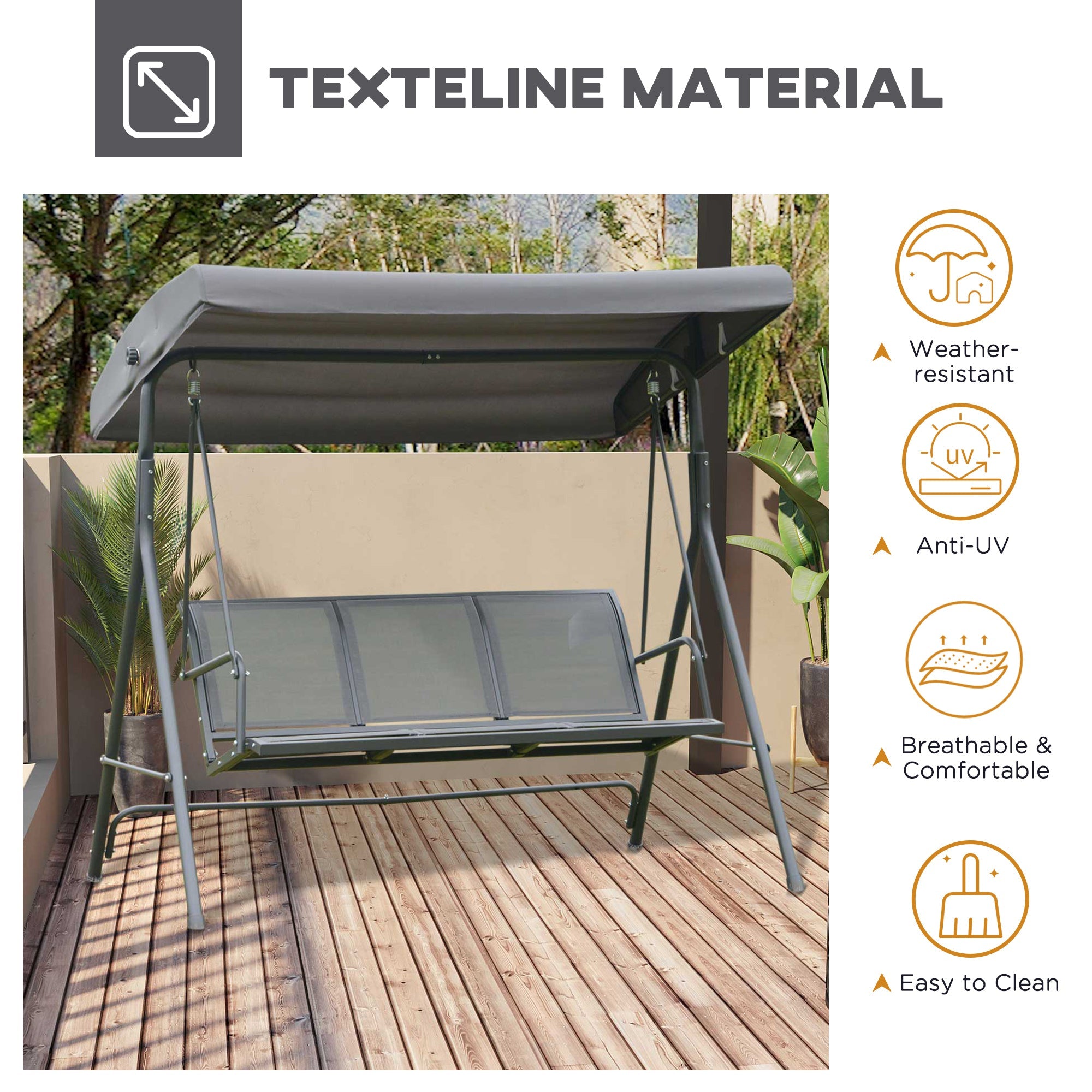 Outsunny 3-Seater Porch Swing Chair Garden Hammock A-Frame Outdoor Sling Seat with Adjustable Canopy Cover 