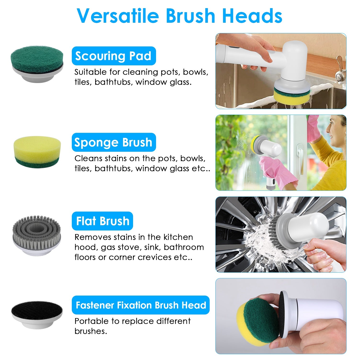 Electric Handheld Spin Scrubber Cordless Cleaning Brush with 2 Rotating Speeds 3 Cleaning Brushes Rechargeable Shower Scrubber for Kitchen Dish Bathtu