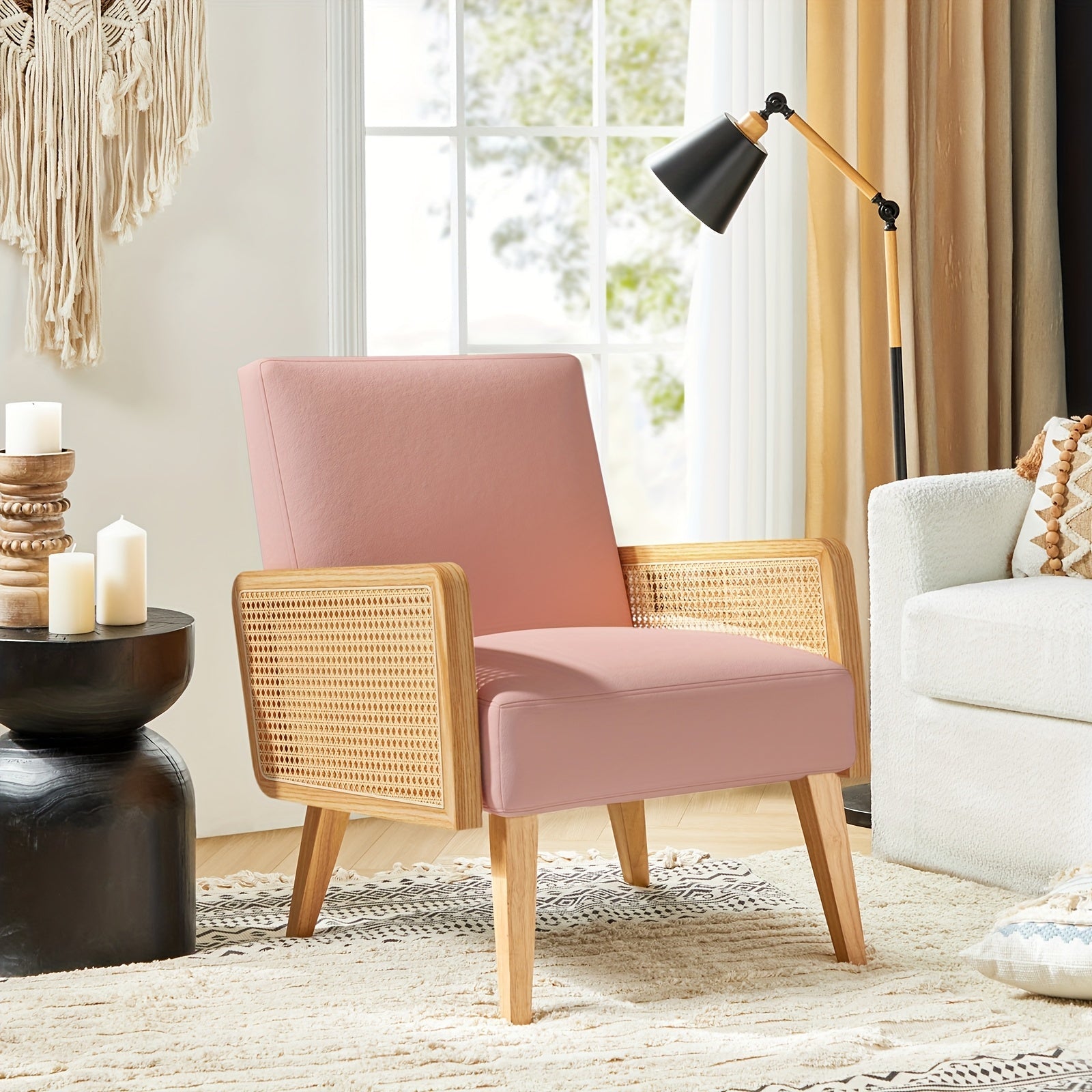 Beige Mid-Century Modern Accent Chair with Rattan Armrests & Wood Legs – Ergonomic Upholstered Lounge Chair for Living Room, Bedroom, or Hosting Spaces, Lightweight & Comfortable Design, Chair Furniture 