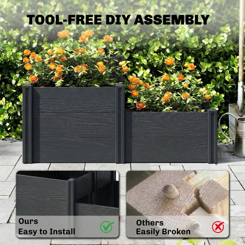 Vinyl Raised Garden Bed Kit, 3-Tier Elevated Garden Box with Open Bottom, DIY Assembly, Grey Wood Effect