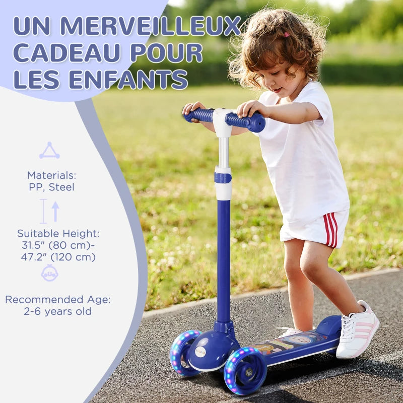 Qaba 3 Wheel Kids Scooter, Toddler Kick Scooter with Adjustable Height, Rear-Fender Brake, LED Light, TPE Handlebar, Blue