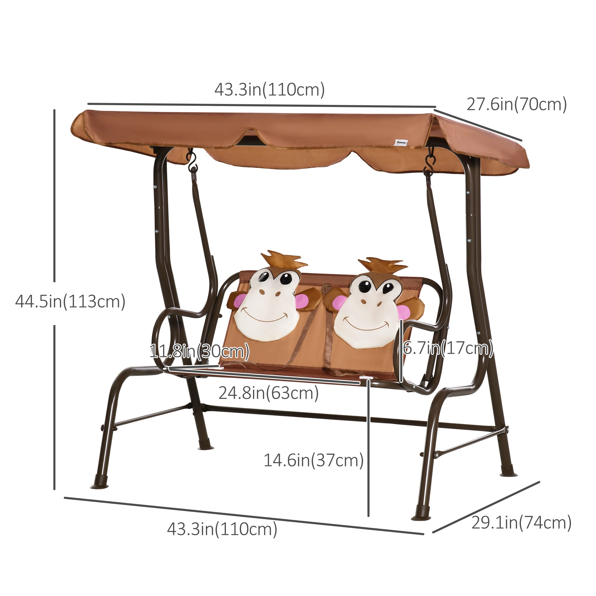 Outsunny 2-Seat Kid Swing with Adjustable Canopy Coffee Outdoor Patio Lounge Chair for Garden Porch 