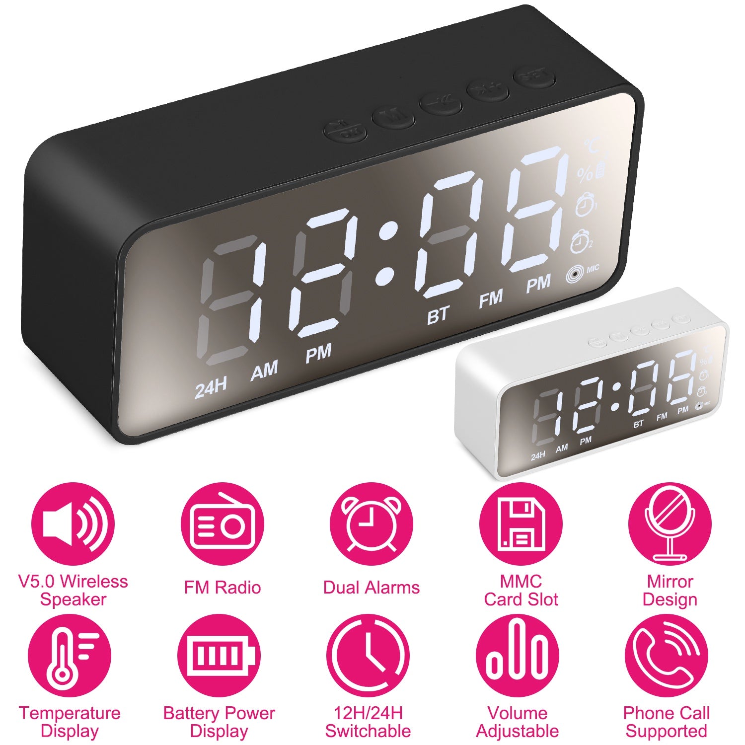 Mirror Digital Alarm Clock LED V5.0 Wireless Speaker Clock with FM Radio Temperature Display MMC Card Slot 