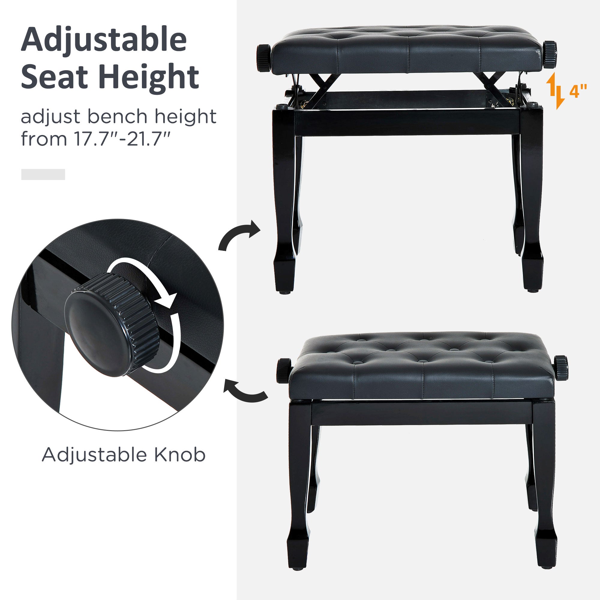 HOMCOM Adjustable Padded Piano Bench 25" Wooden Artist Keyboard Stool Chair Black 