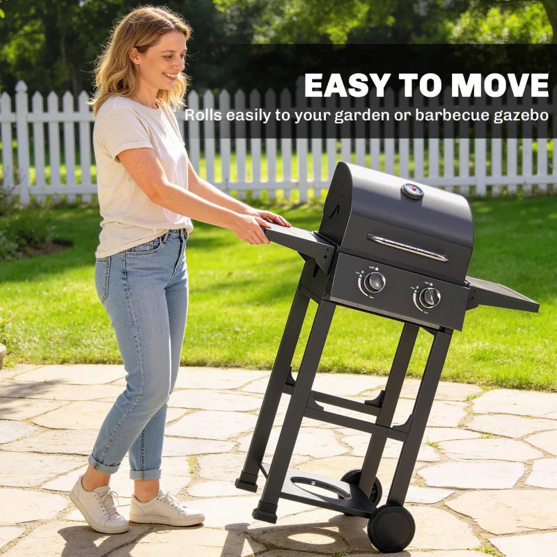 Outsunny 2 Burner Propane Gas Grill with Wheels, 18,400 BTU Portable BBQ Grill with Foldable Side Shelves, Warming Rack, Black