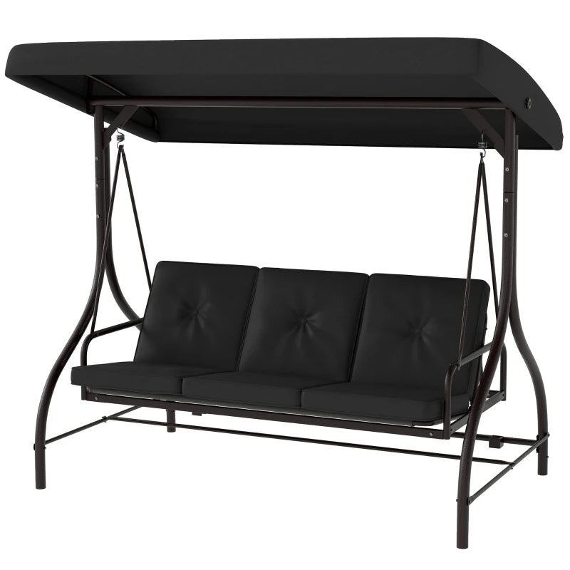 Convertible Patio Swing Bed with Canopy and Cushions, 3 Seater Porch Swing for Outdoor, Backyard, Garden, Black