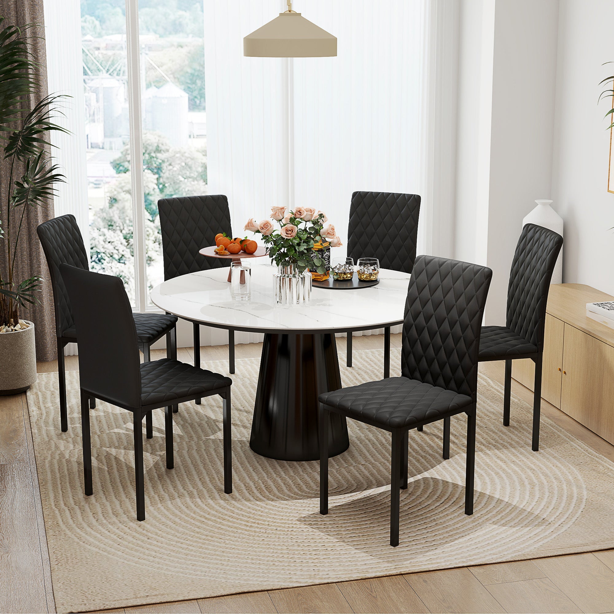 HOMCOM Set of 6 Modern Dining Chairs, Tufted High Back Side Chairs with Upholstered Seat, Steel Legs for Living Room, Black 