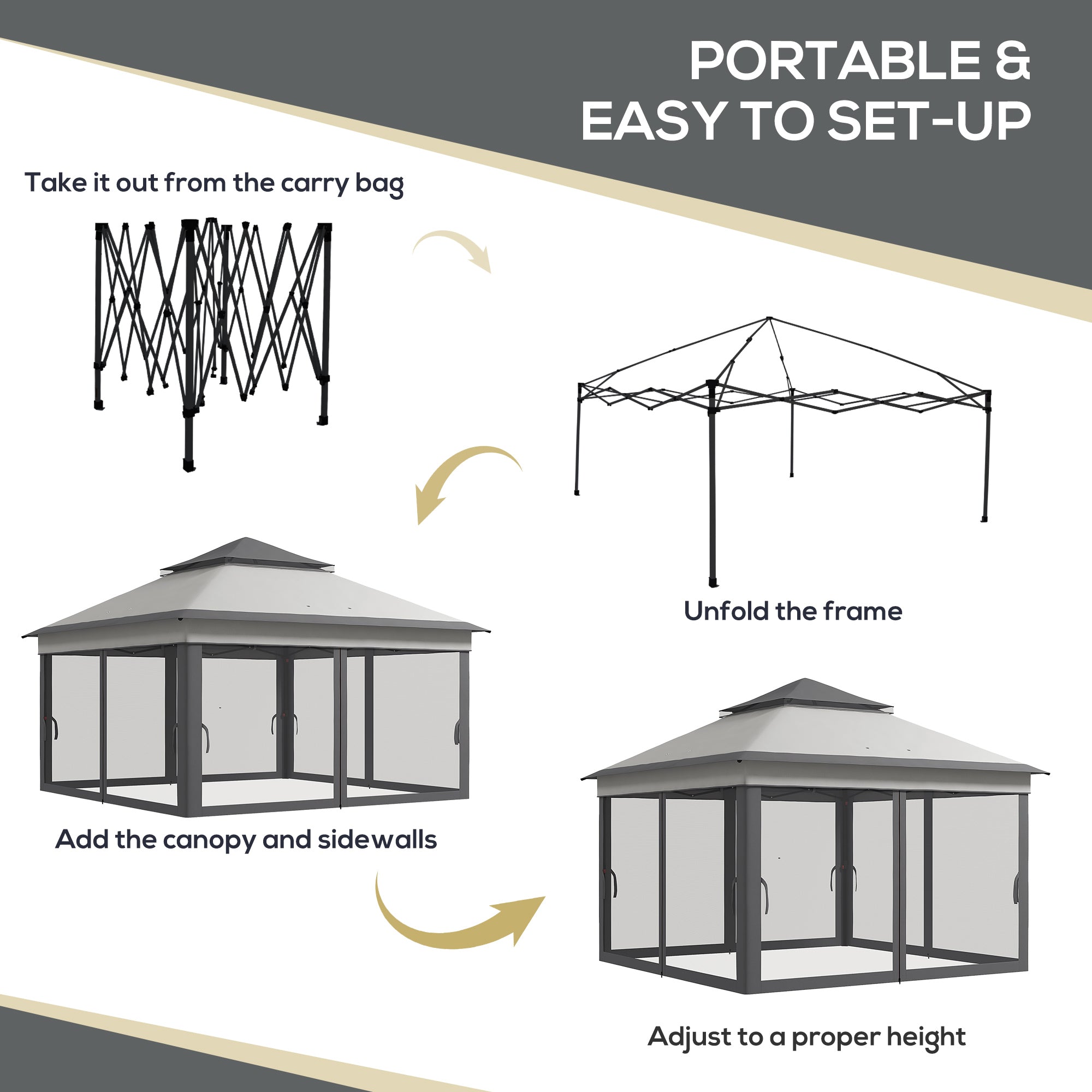 Outsunny 10.7 x 10.7ft Pop Up Gazebo, Adjustable Instant Sun Shelter with UV30+ Roof Cover, Removable Mesh Curtains, Light Grey 