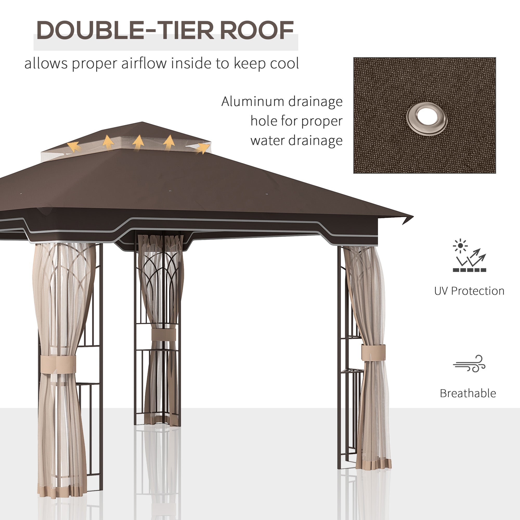 Outsunny 12' x 10' Soft-top Patio Gazebo Covered Gazebo Backyard Tent with Double Tier Roof and Netting Sidewalls, Brown 