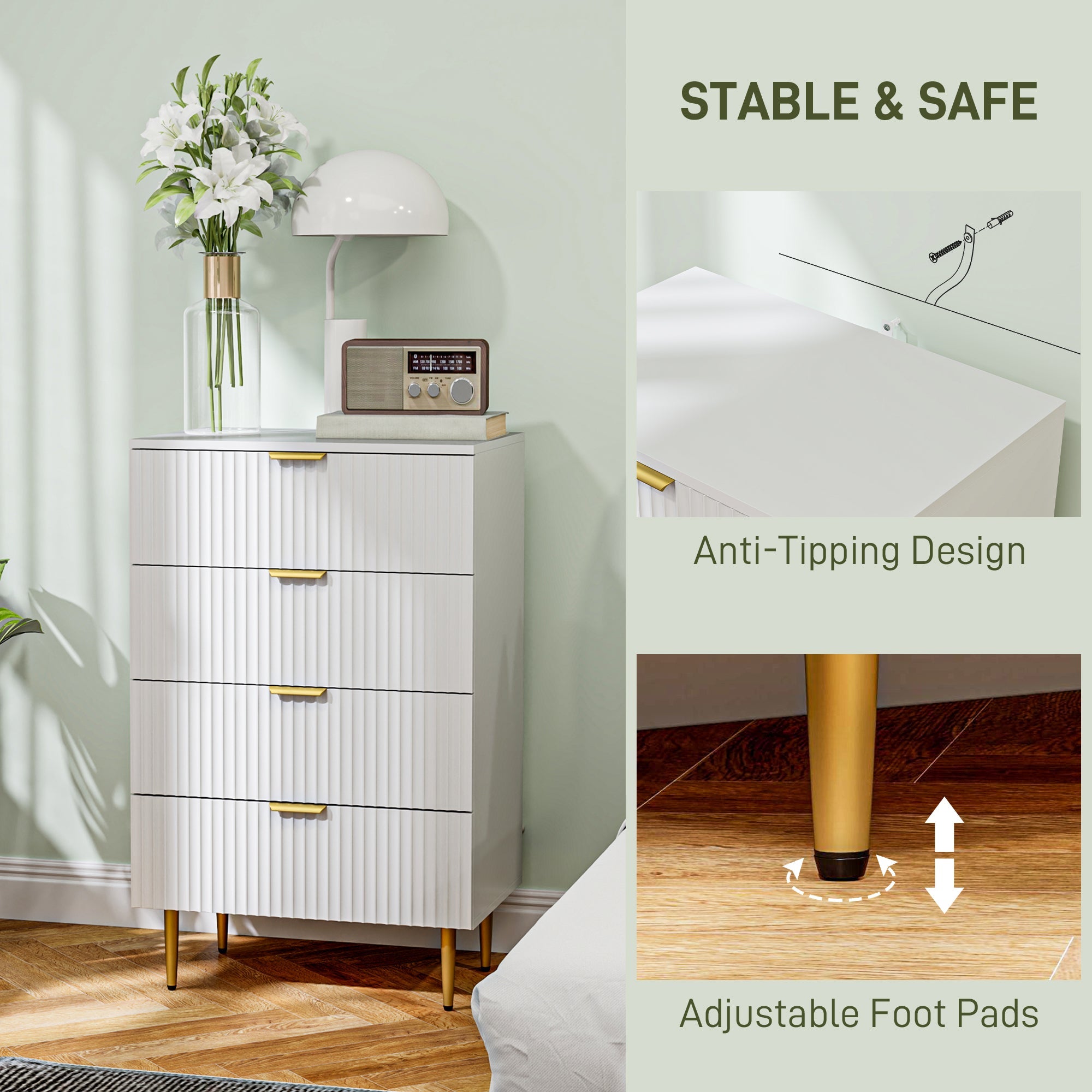 HOMCOM Modern Chest of Drawers 4 Drawer Dresser for Bedroom with Gold Legs and Handles, White 
