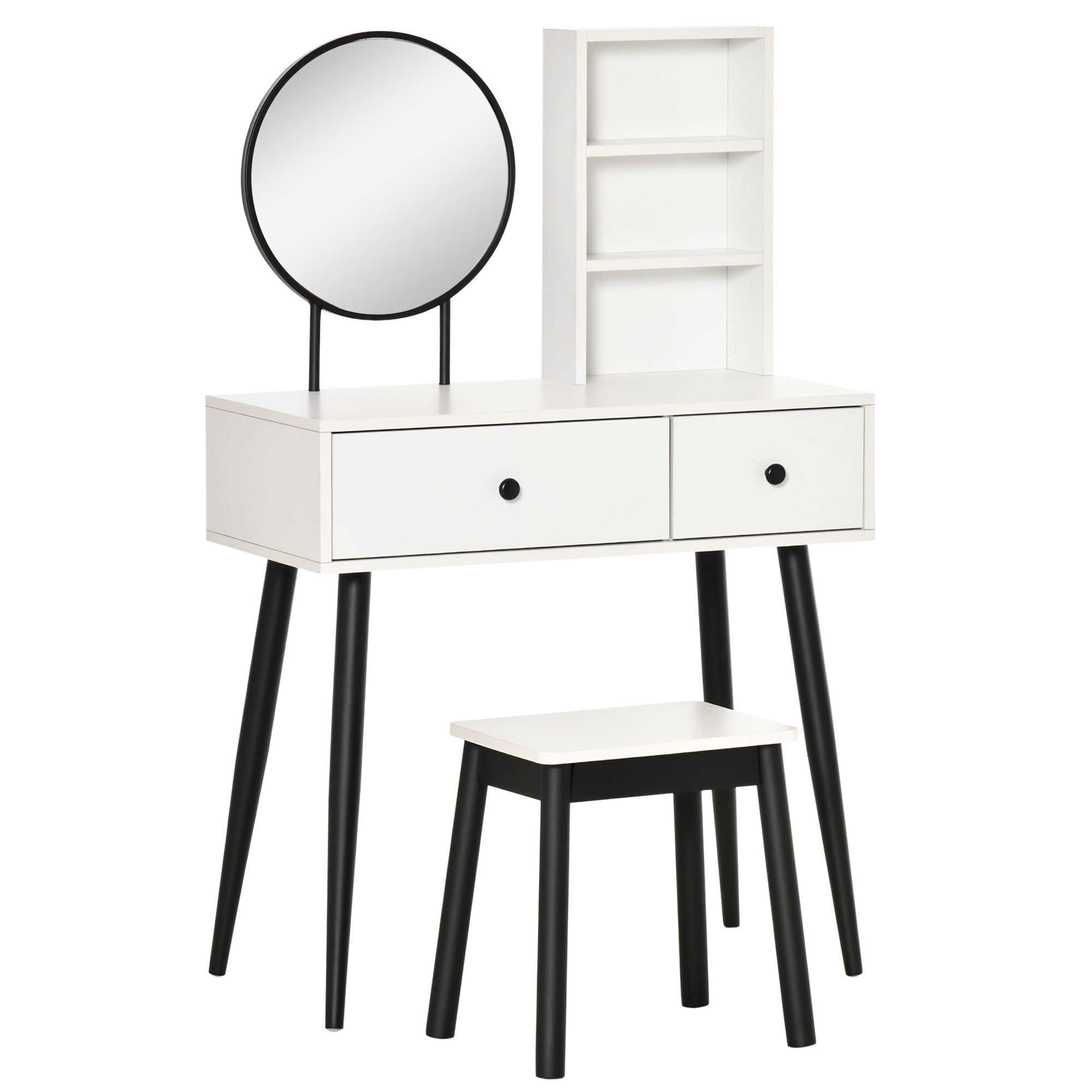 HOMCOM Stylish Vanity Set Makeup Dressing Table with Stool Wood Desk Mirror Storage Drawers Shelf White Black for Bedroom 