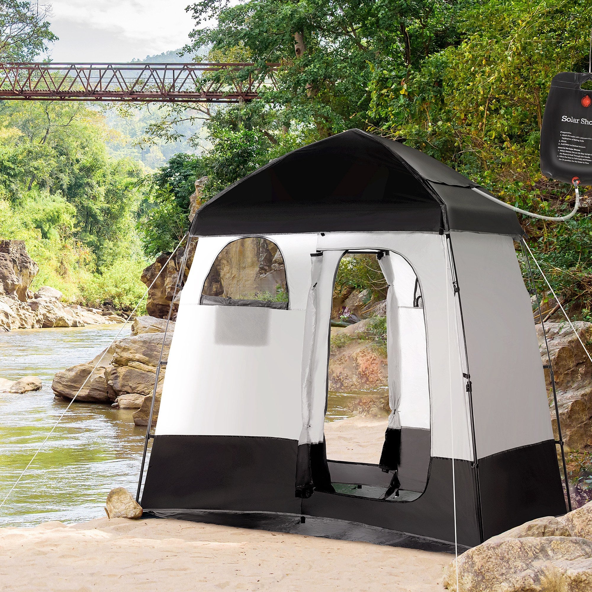 Outsunny Outdoor Portable Pop Up Shower Tent Changing Tent Privacy Enclosure with 2 Rooms, Shower Bag, Floor for Camping, Black 