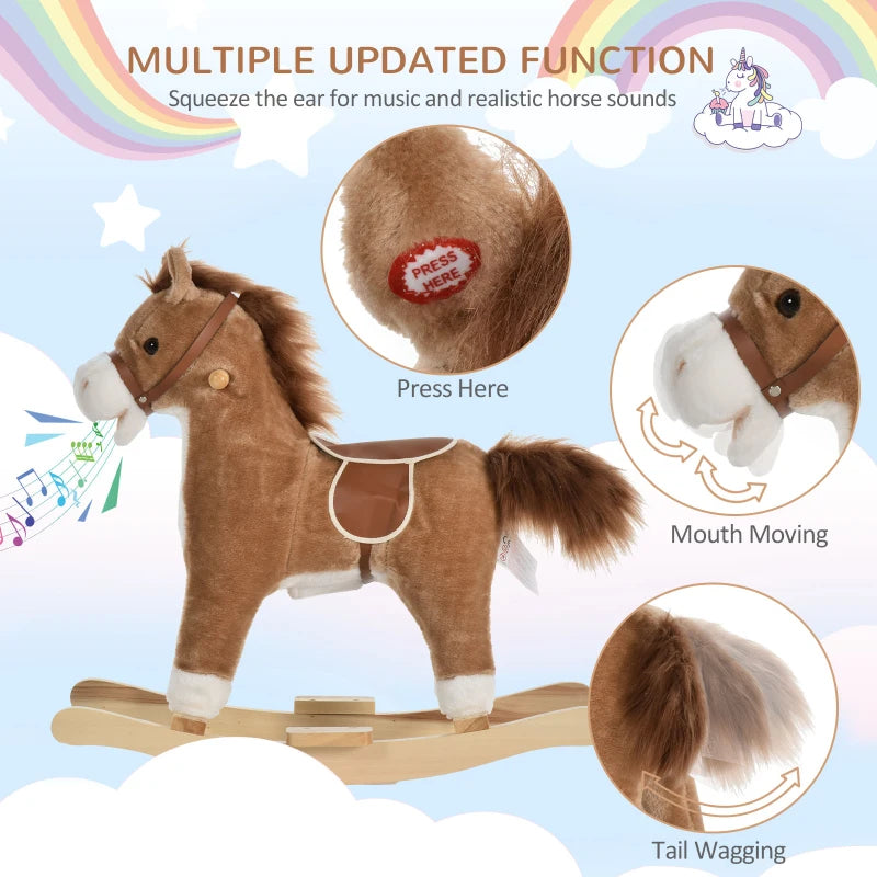 Qaba Kids Rocking Horse Plush Animal on Wooden Rockers with Sounds, Wooden Base, Baby Rocking Chair, Brown