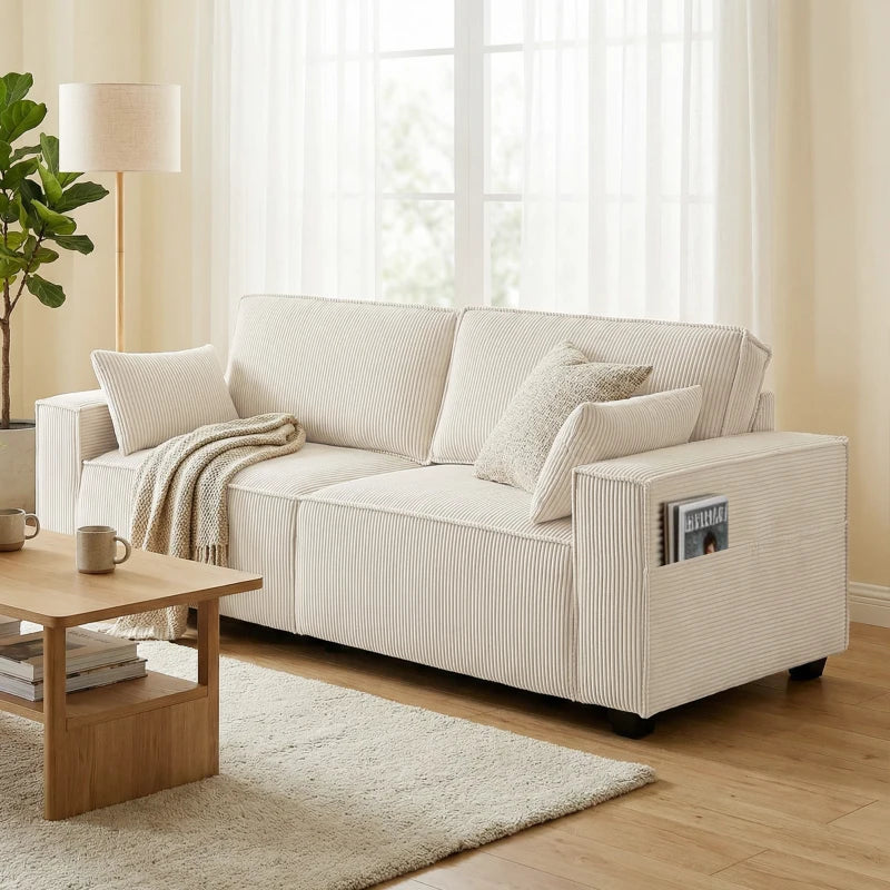 86" 3 Seater Sofa, Modern Corduroy Upholstered Couch, Beige