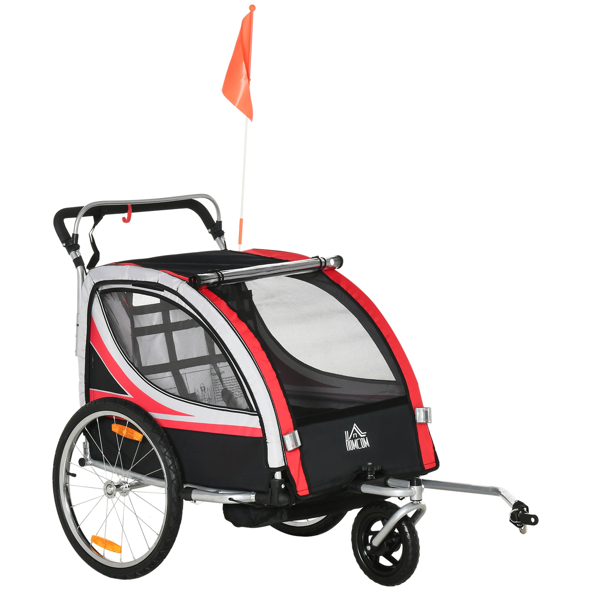 Aosom 2-in-1 Child Bike Trailer & Stroller, Safety Brake, Storage, Reflective, Red, 5-Point Harness 