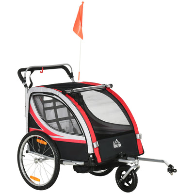 Aosom 2-in-1 Child Bike Trailer & Stroller, Safety Brake, Storage, Reflective, Red, 5-Point Harness 