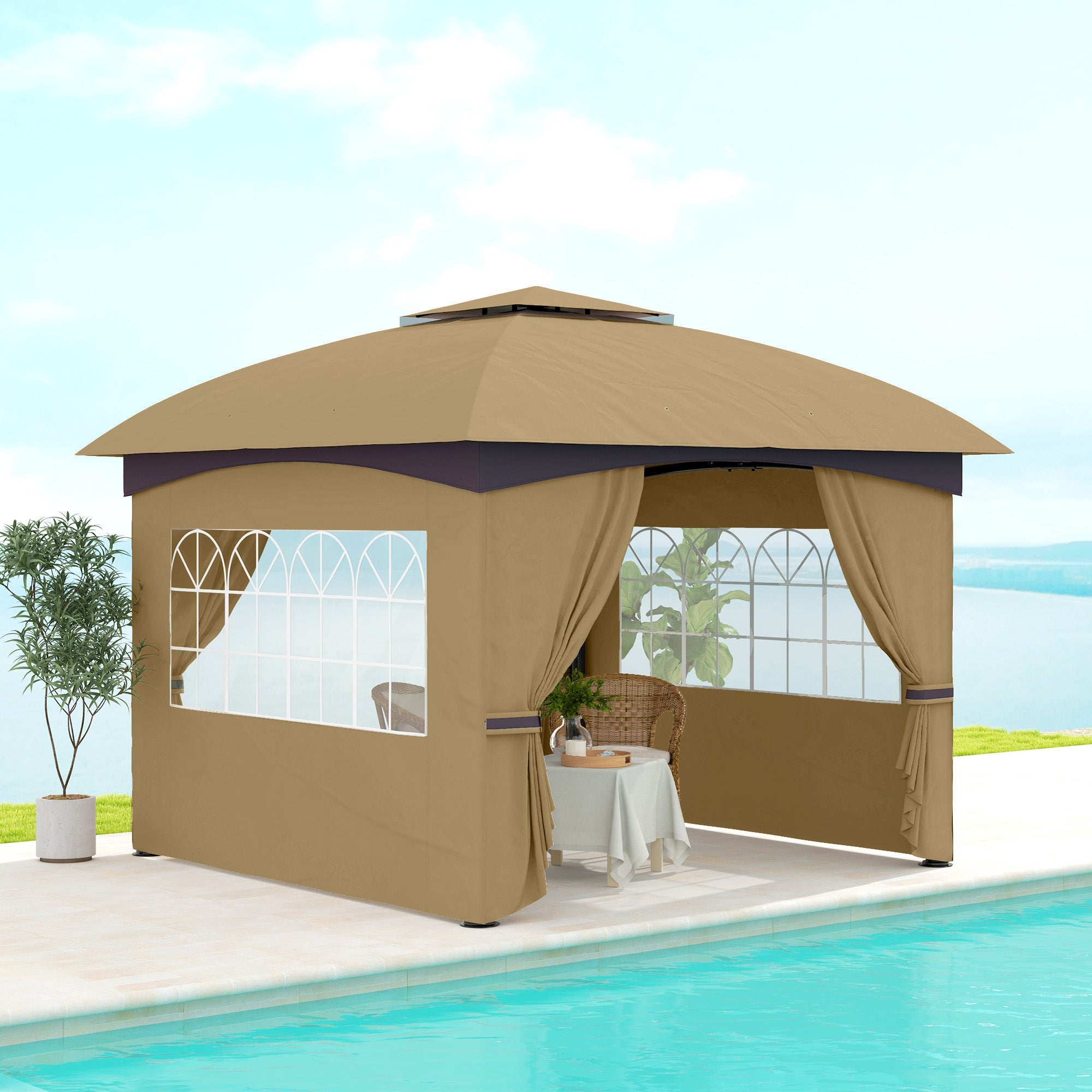 Outsunny 11' x 11' Outdoor Gazebo, Double Roof Patio Gazebo Canopy with Curtains, Church Windows, Galvanised Steel Frame, Beige 